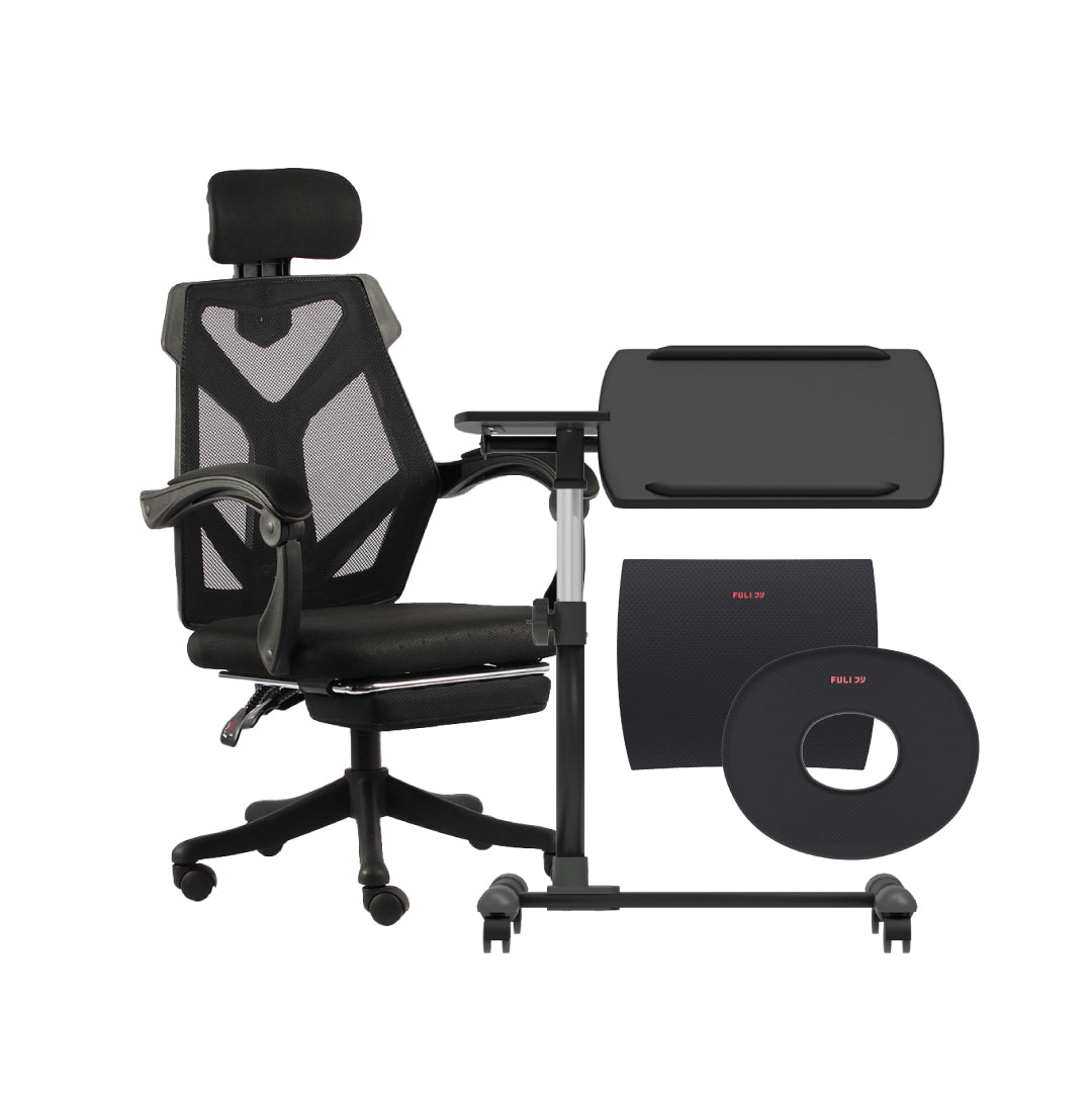 เซตทำงานฟินสุดคุ้ม FULI X8 ErgoChair - Black ดำ + 3Memory Foam Lumbar Support Cushion Core O Shape Seat Cushions + Ergonomic Adjustable Desk