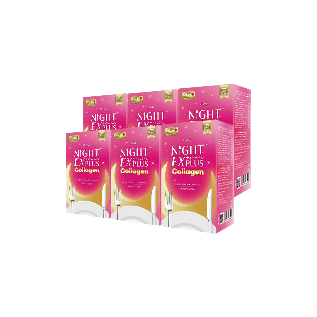 [ซื้อ 3 แถม 3]  สูตรใหม่! Dietto Night Ex Plus Collagen | ไดอะโตะ ไนท์ อีเอ็กซ์ พลัส คอลลาเจน  (ตรา โทโกโยะ) 30 แคปซูล | ダイエット ナイトEXプラス コラーゲン 30錠入り - 6 กล่อง รวม 180 แคปซูล แถมฟรี โมริ กันแดด คอลลาเจน - 1 ชิ้น