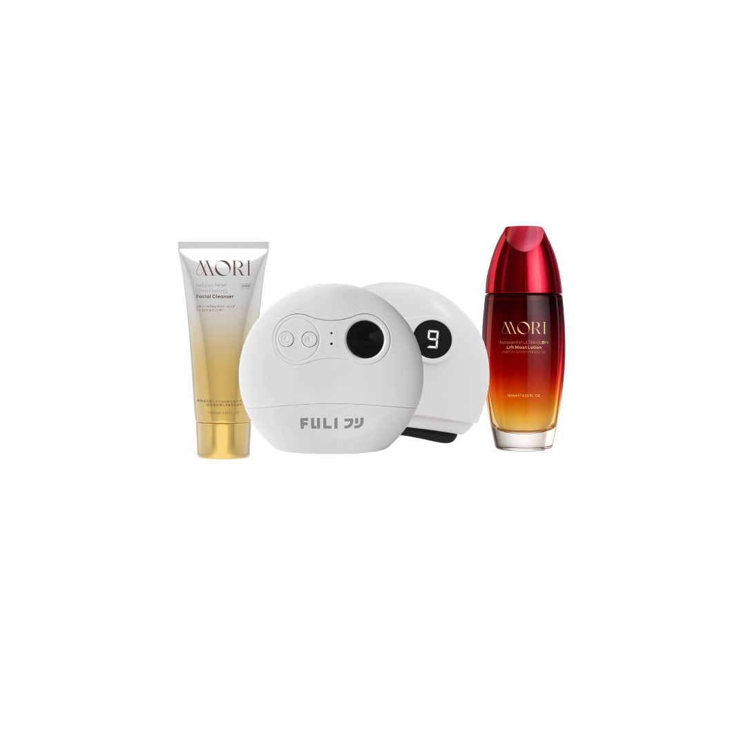 เซตผิวเด้งกลาสสกิน | FULI Natural Stone Electric Gua Sha + MORI Astaxanthin Lift Moist Lotion + MORI Retinol Ultra Firming Facial Cleanser